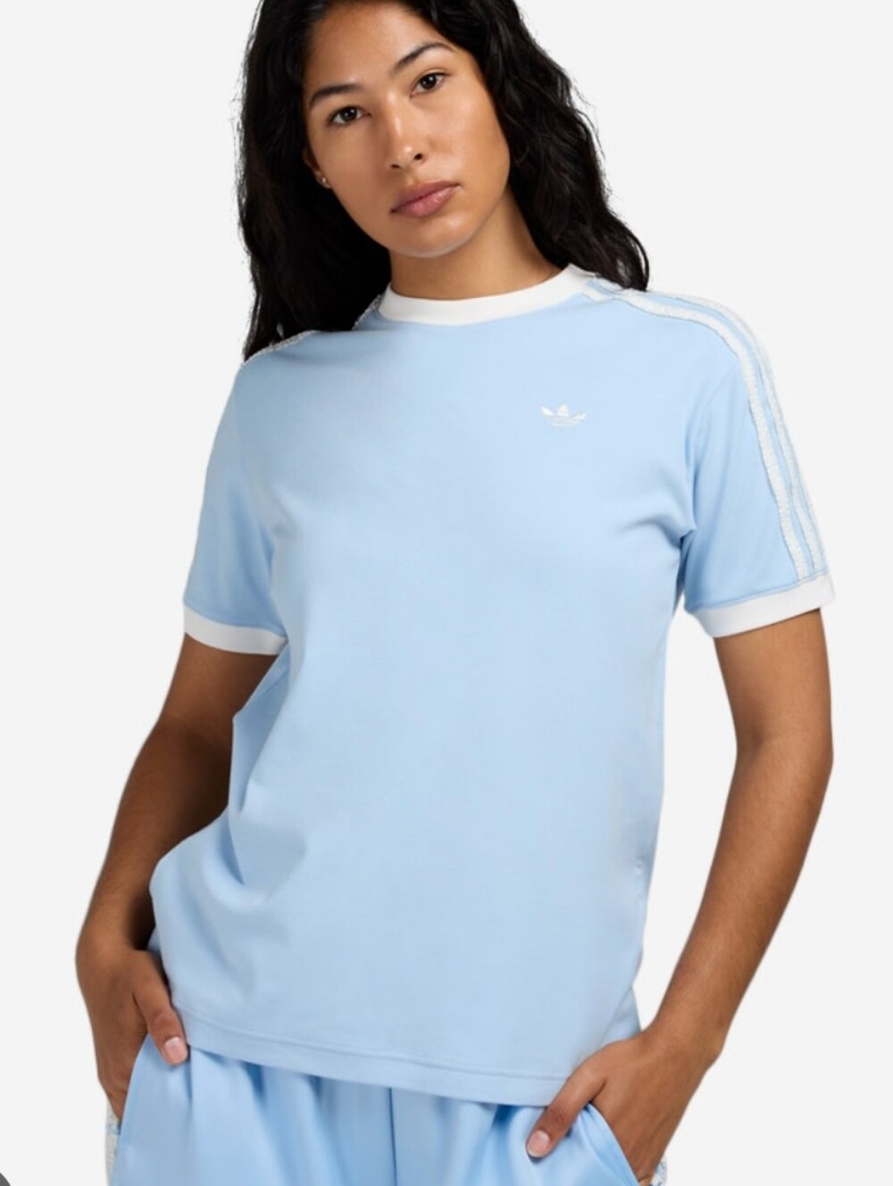 NWT adidas Originals Ruffle 3-Stripes  Light Blue Short Sleeve Tee Retro Sz L